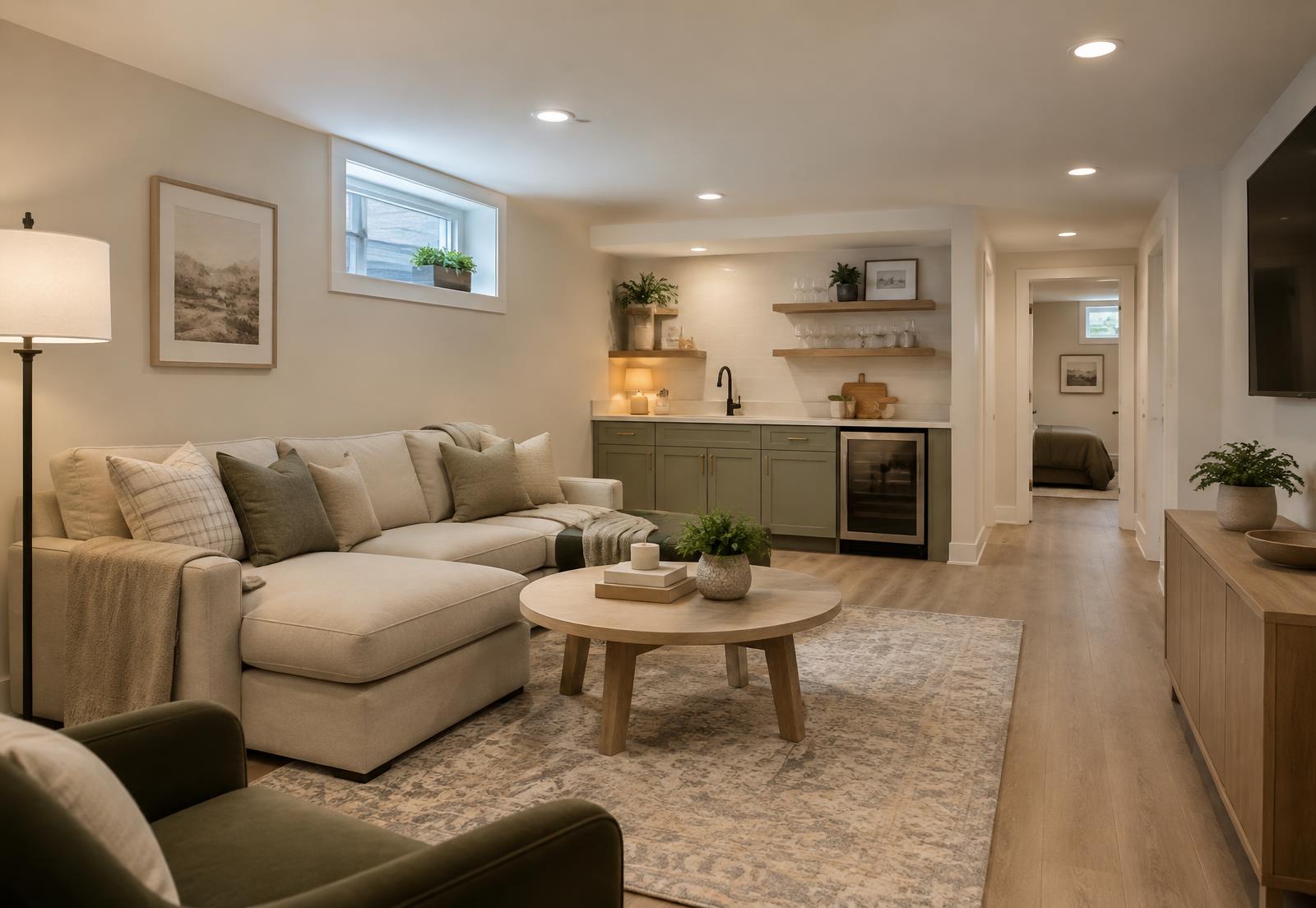 Finished basement living area with warm lighting