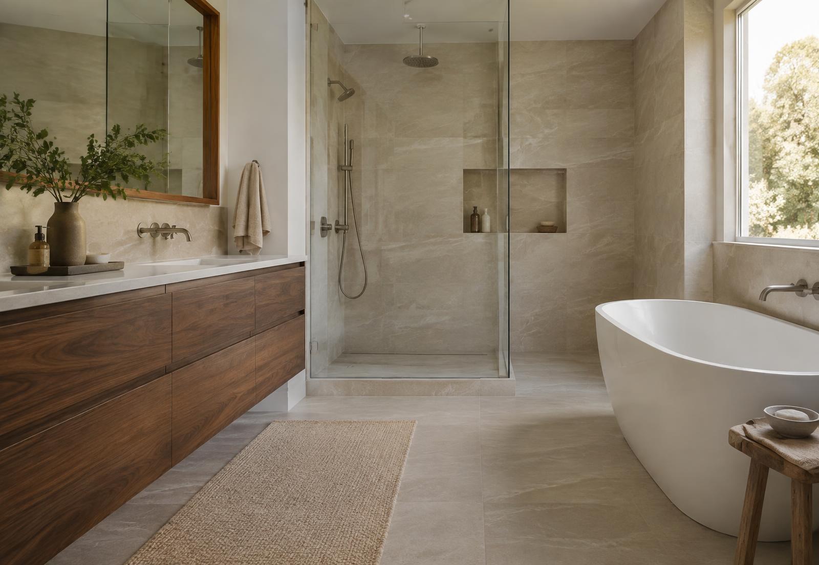 Renovated bathroom with walnut vanity and glass shower
