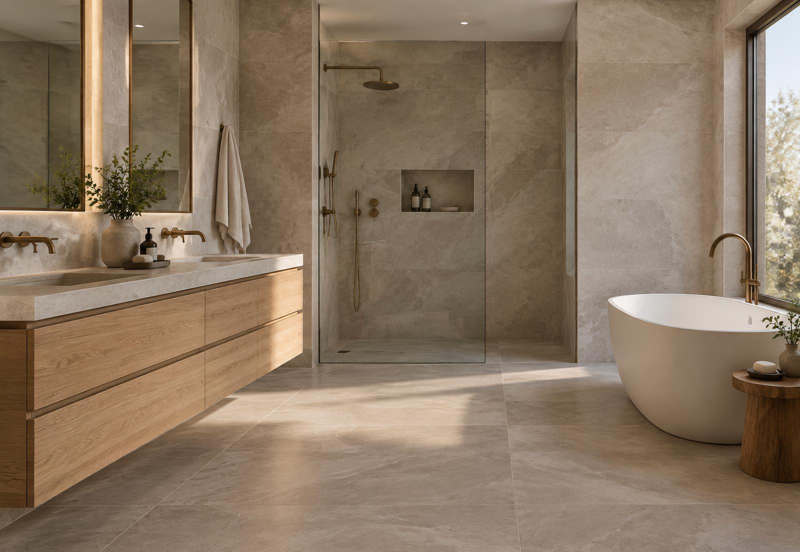 Design concept of a bathroom with large-format stone tile and a floating oak vanity