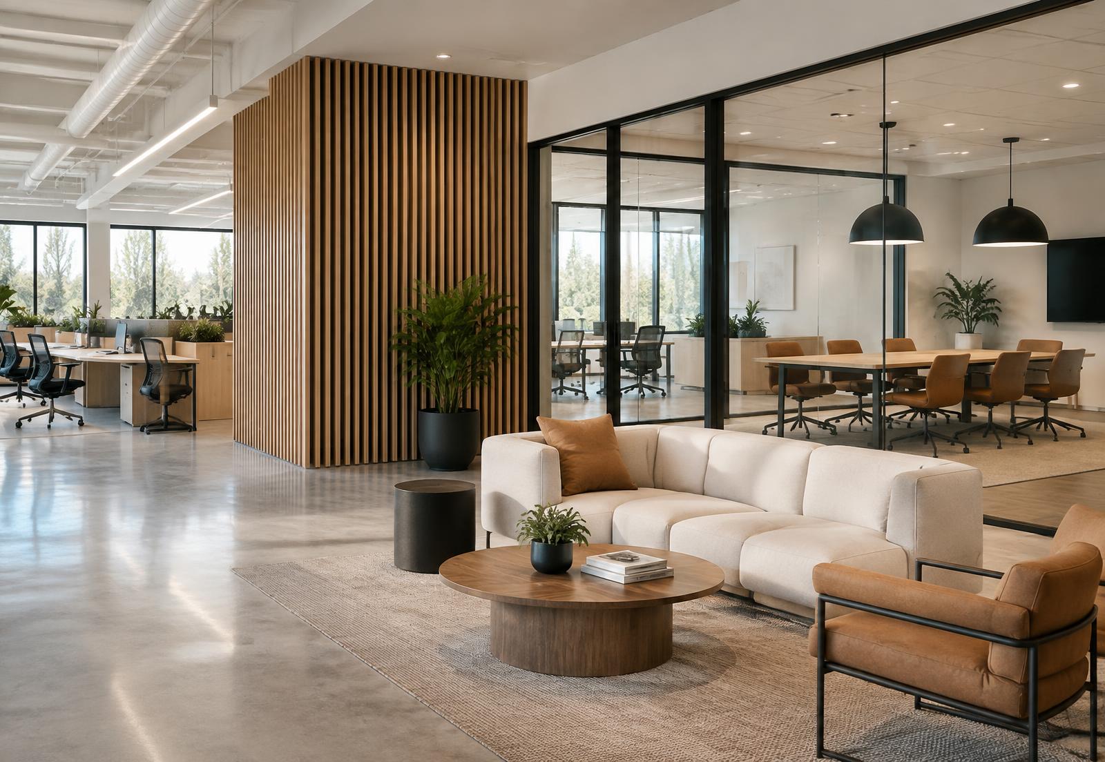 Design concept of an open office interior with a glazed meeting room and timber slat wall