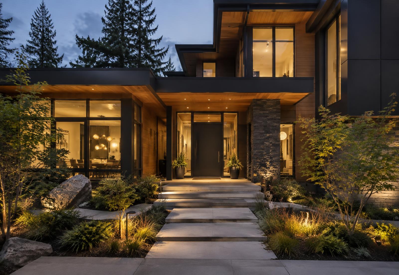 Contemporary house exterior at dusk with warm interior lighting