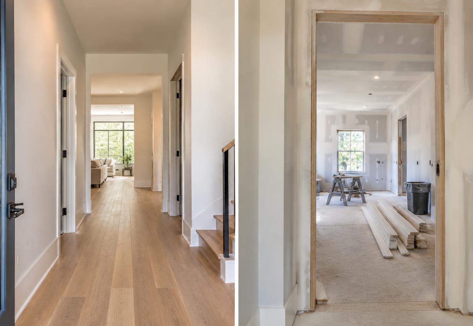Hallway of a home renovation partway between construction and finished floors